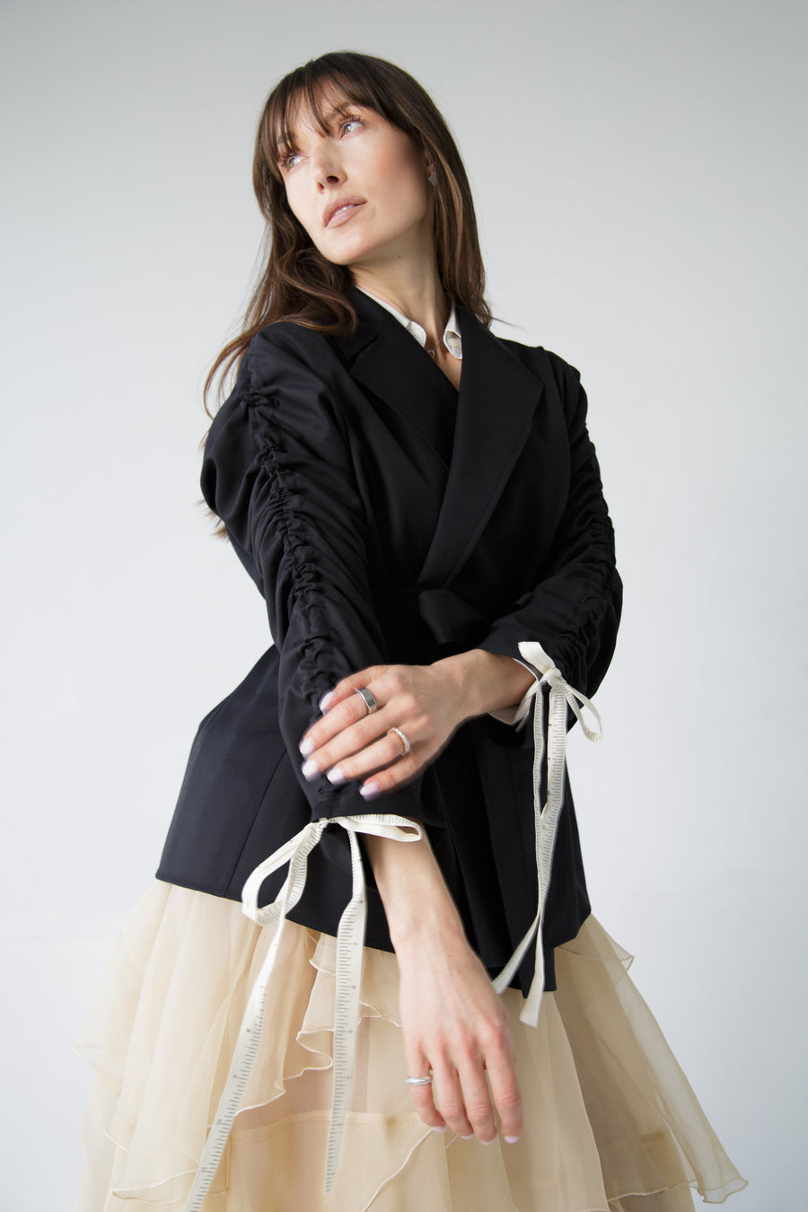 Gathered Sleeve Wool Blazer