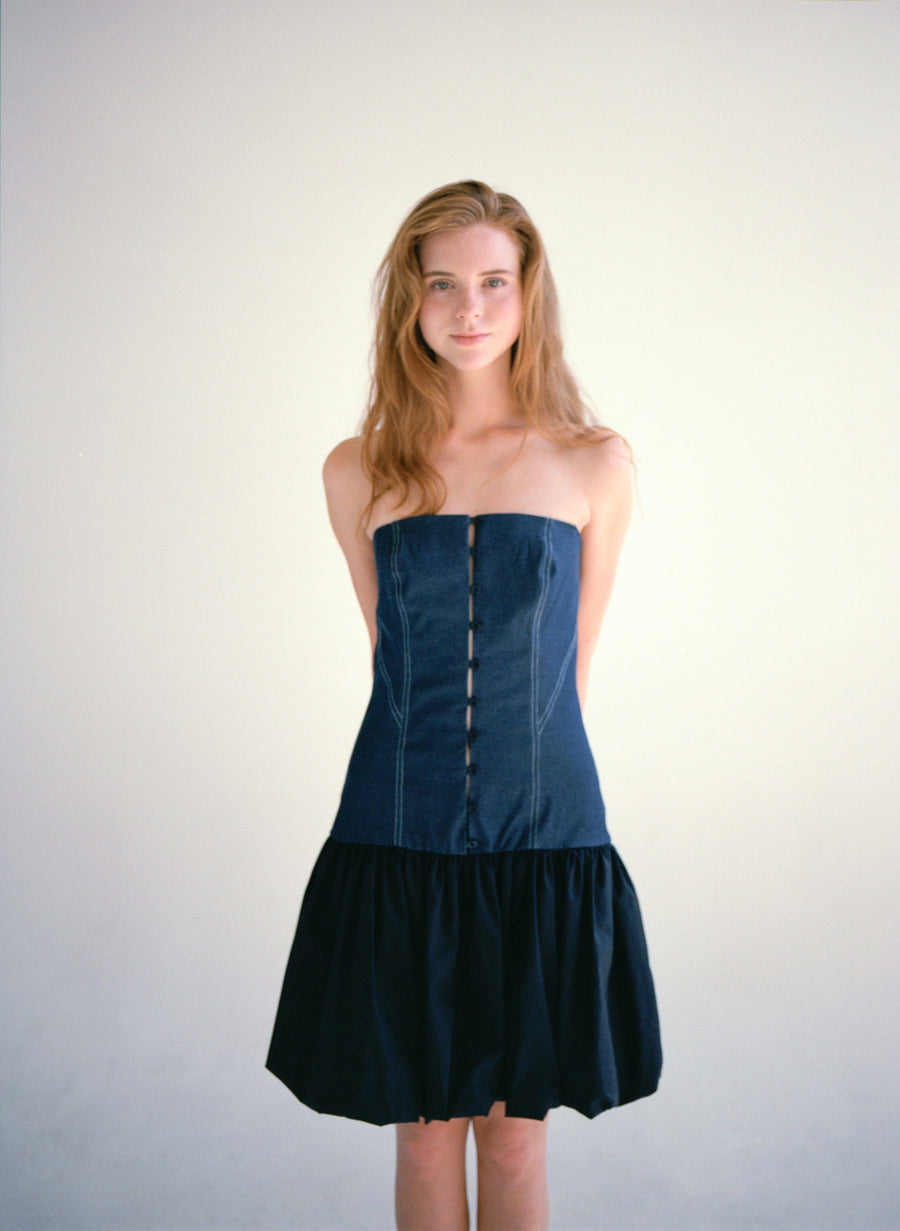Short Button Detail Bubble Dress in Denim