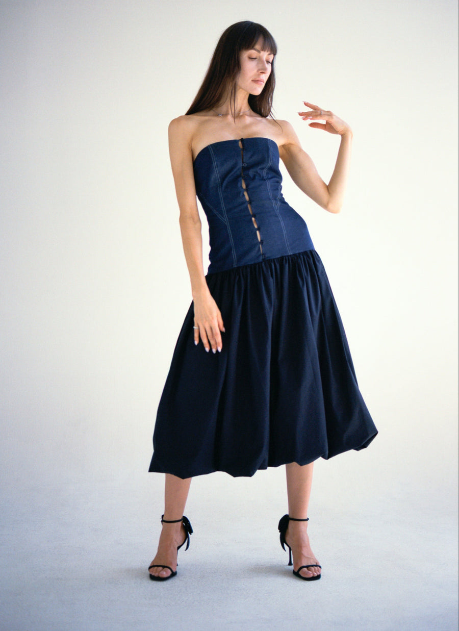 Long Button Detail Bubble Dress in Denim