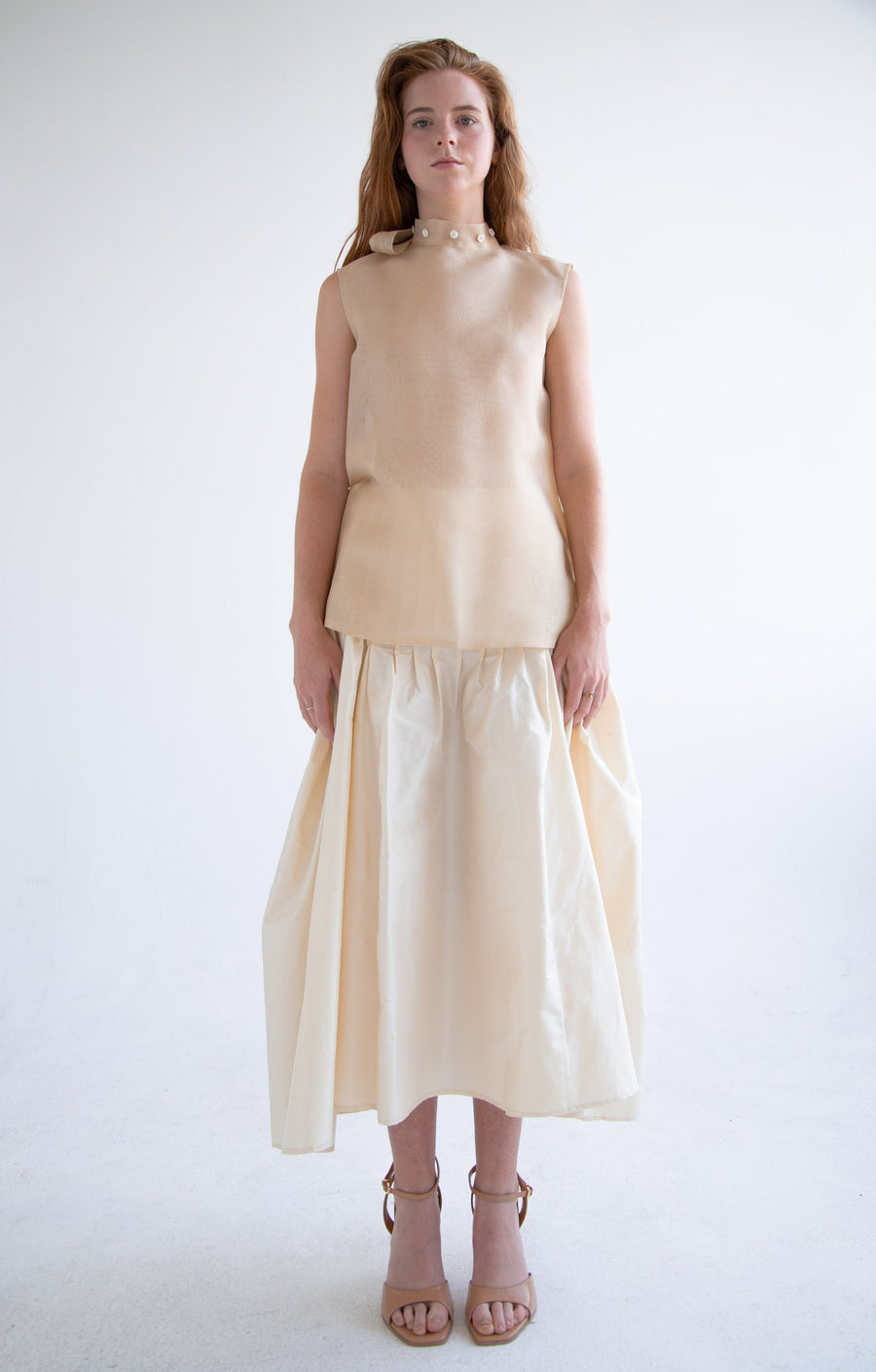 Silk Button Detail Blouse in Beige