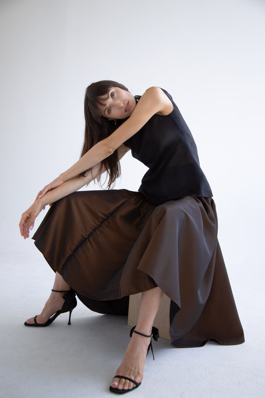 Taffeta Pleated Skirt in Brown