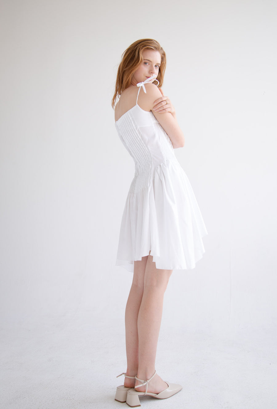 Pleated Flared Dress in White