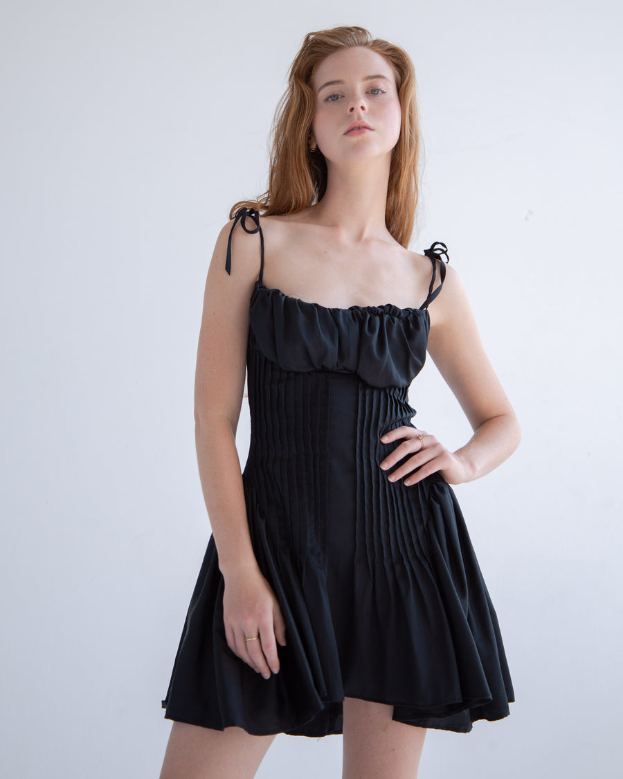 Pleated Flared Dress in Black