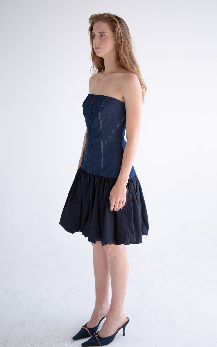 Short Button Detail Bubble Dress in Denim