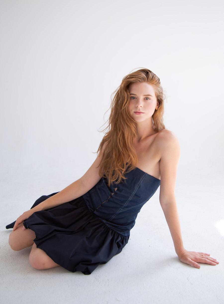 Short Button Detail Bubble Dress in Denim