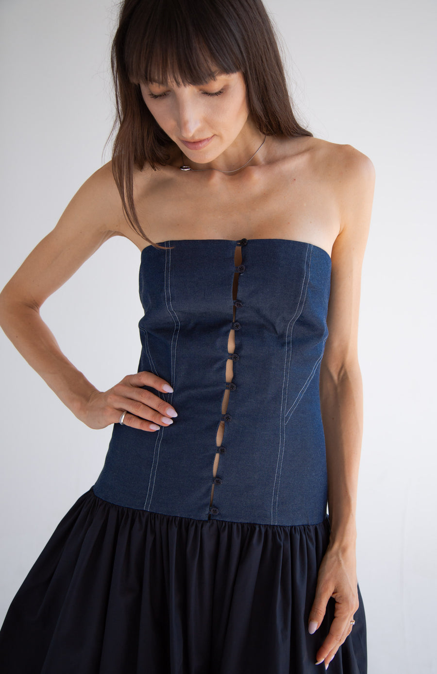 Long Button Detail Bubble Dress in Denim