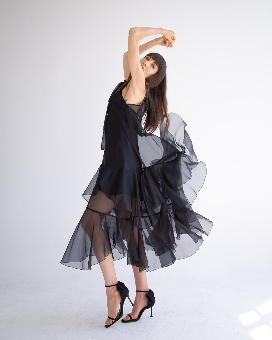 Silk Layered Maxi Dress in Black