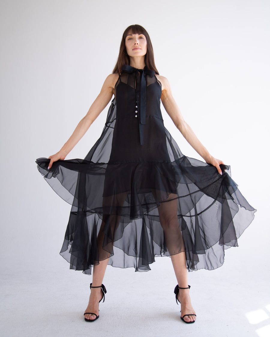 Silk Layered Maxi Dress in Black