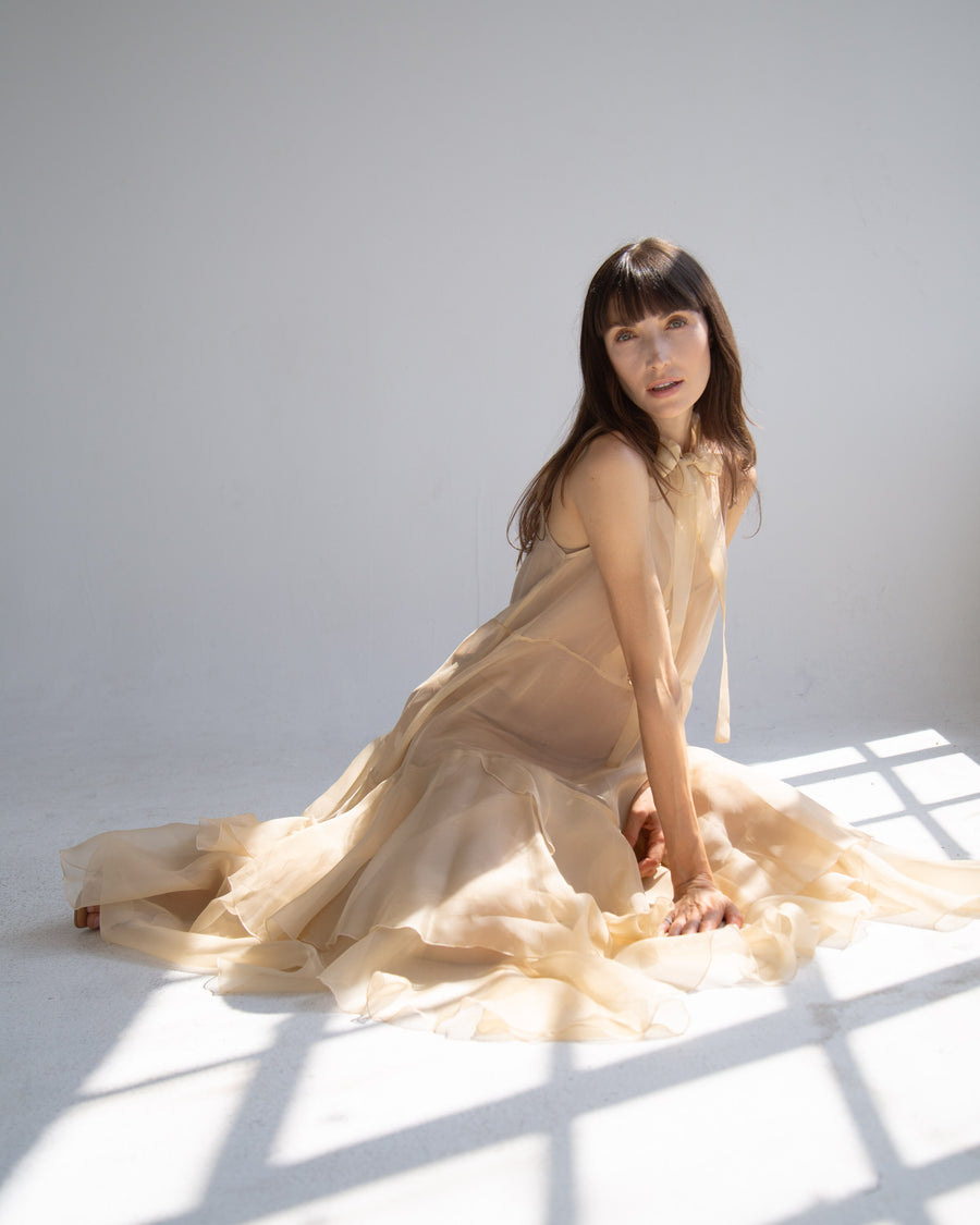 Silk Layered Maxi Dress in Beige
