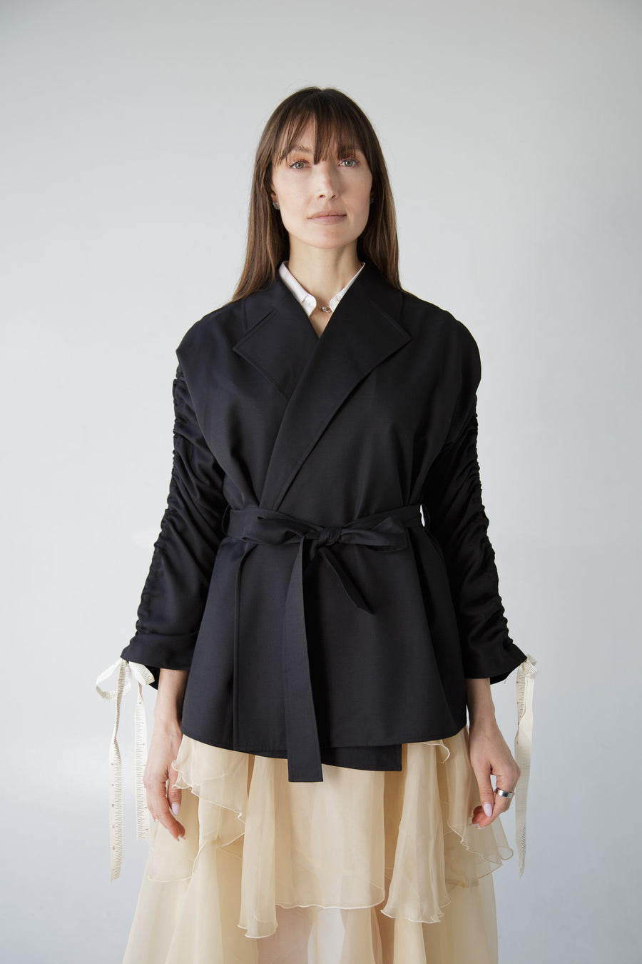 Gathered Sleeve Wool Blazer