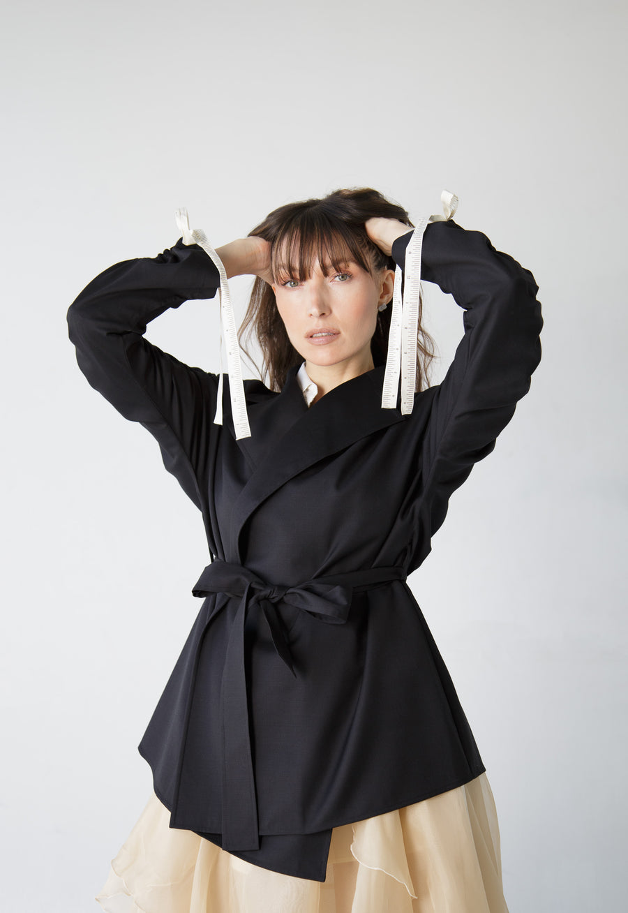 Gathered Sleeve Wool Blazer