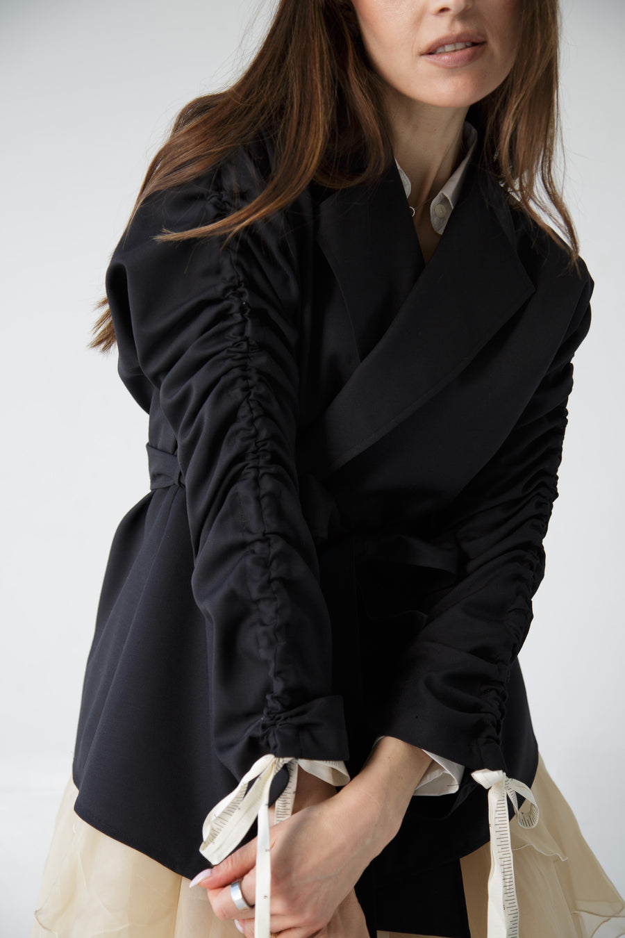 Gathered Sleeve Wool Blazer