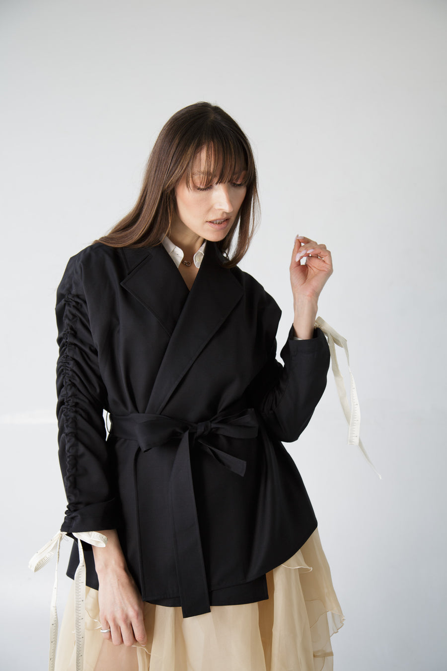Gathered Sleeve Wool Blazer