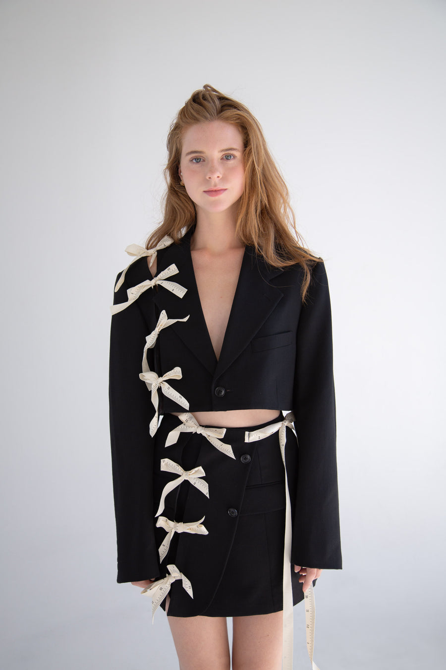 Shoulder Cut-Out Crop Blazer with Measuring Tape Ribbon