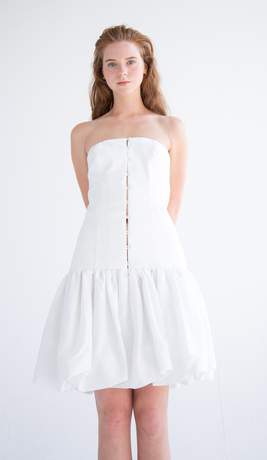 Short Button Detail Bubble Dress in White