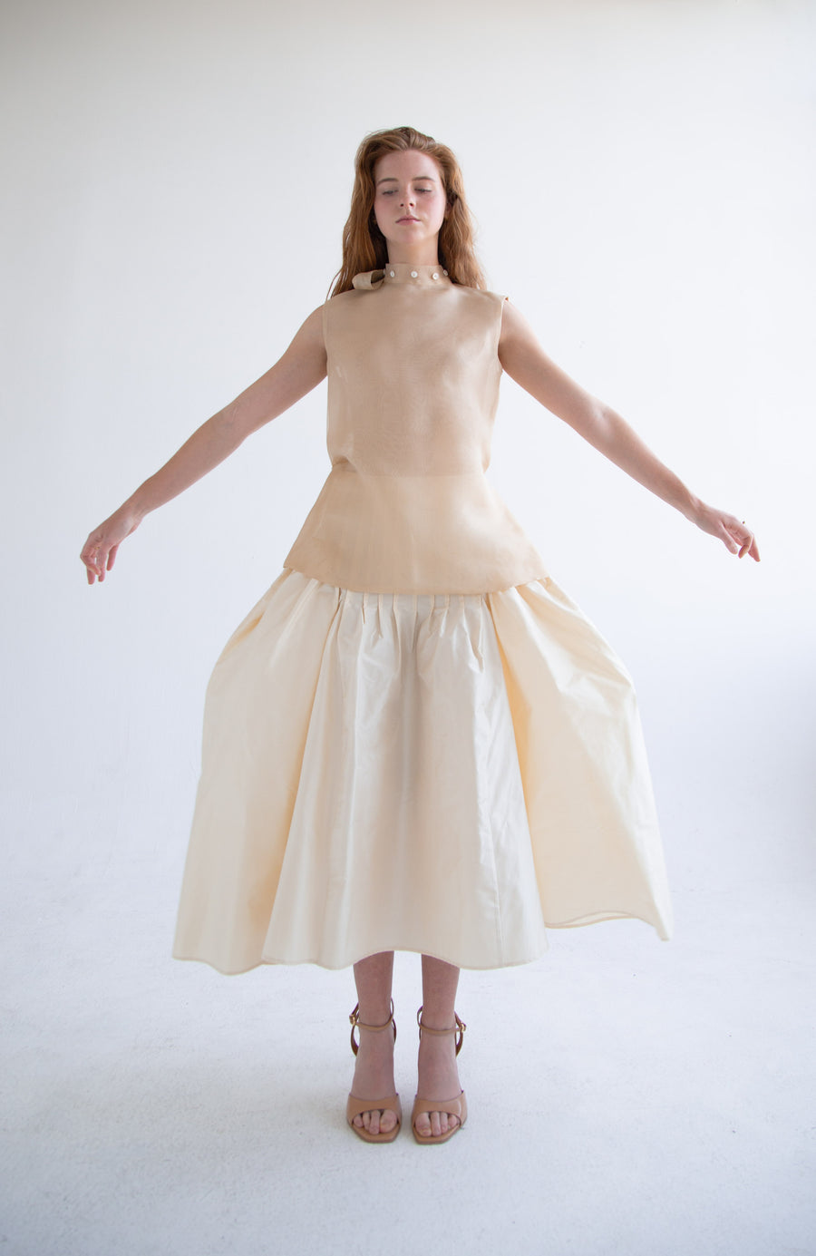 Taffeta Pleated Skirt in Beige