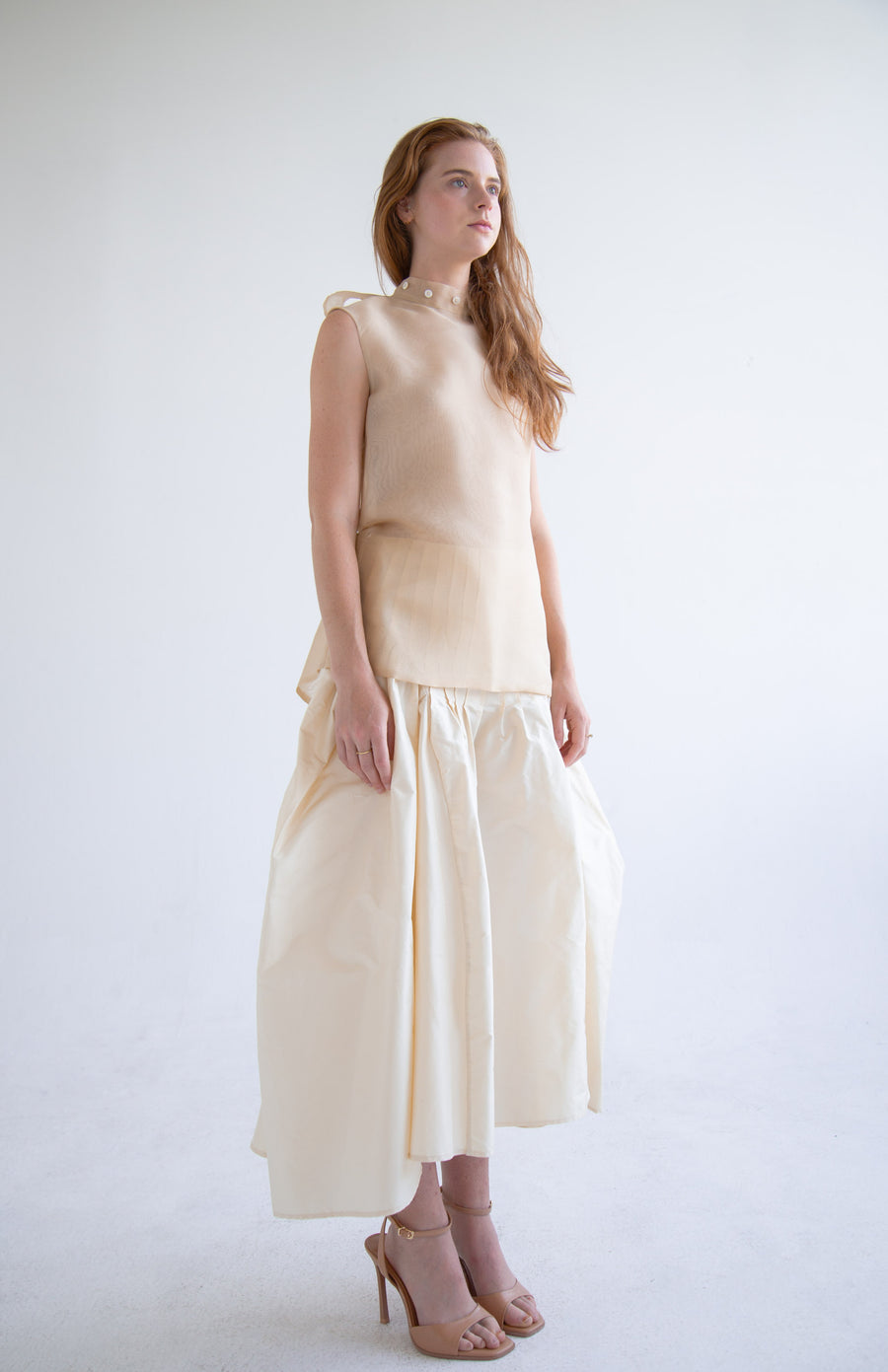 Taffeta Pleated Skirt in Beige