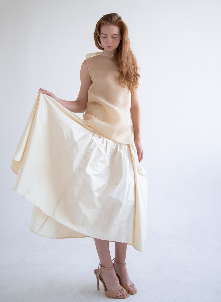 Taffeta Pleated Skirt in Beige