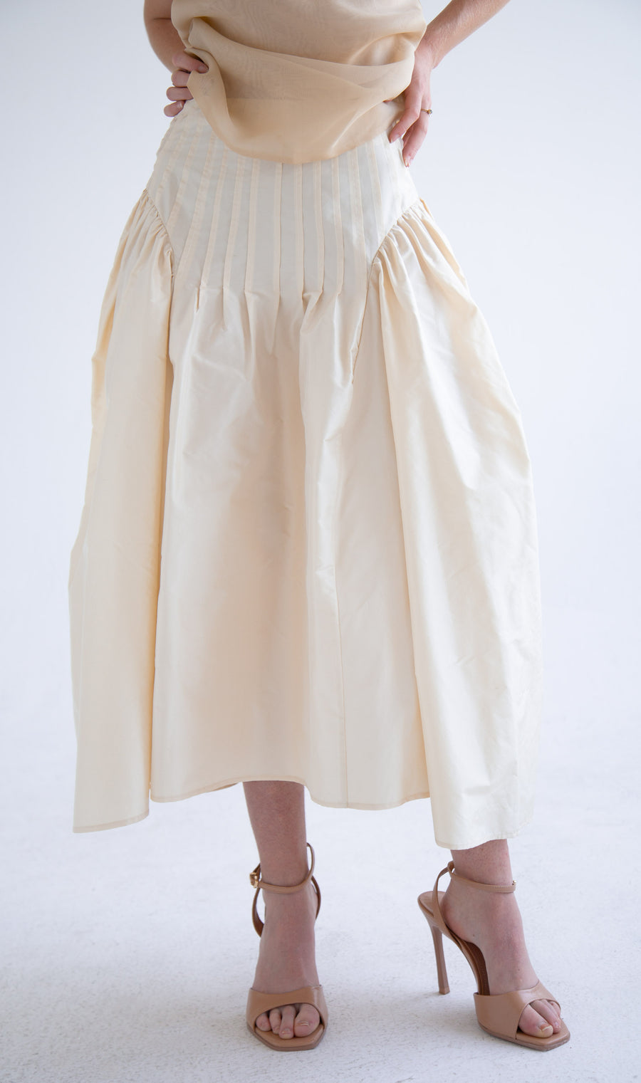 Taffeta Pleated Skirt in Beige