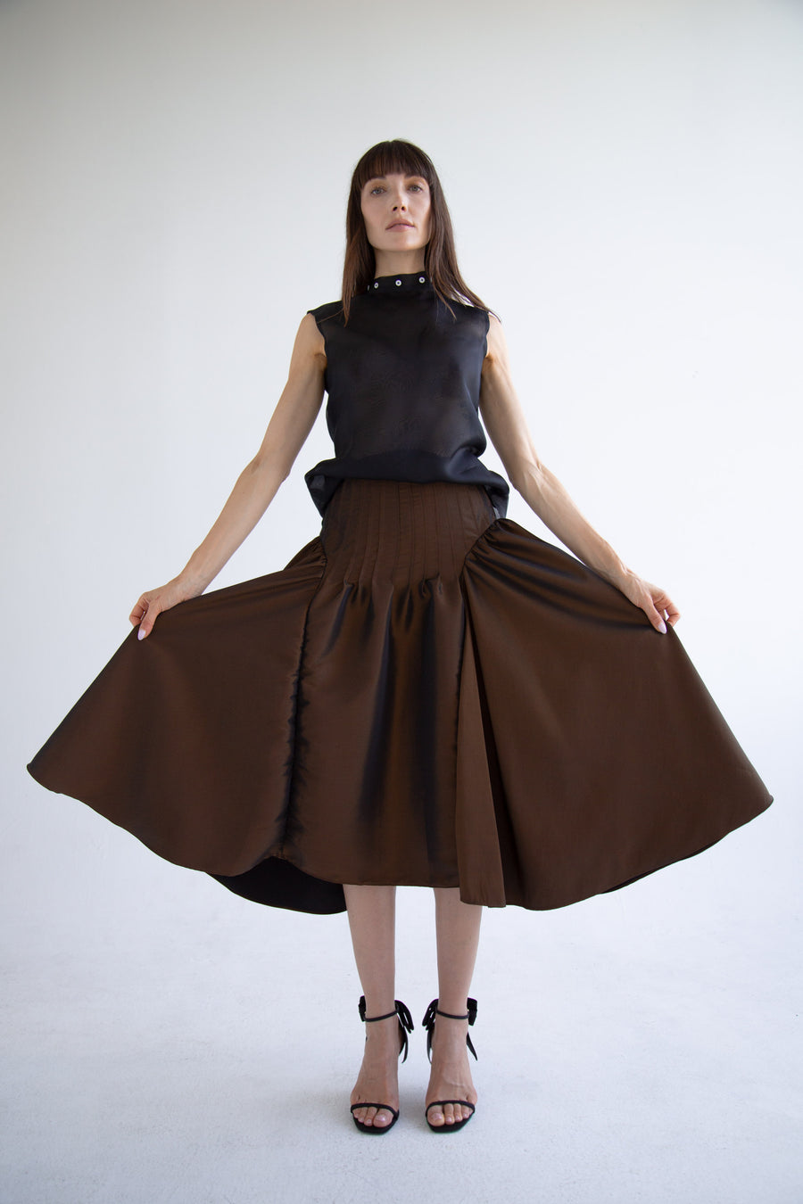 Taffeta Pleated Skirt in Brown