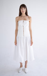 Long Button Detail Bubble Dress in White