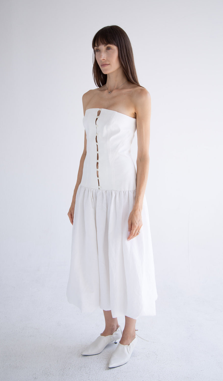 Long Button Detail Bubble Dress in White