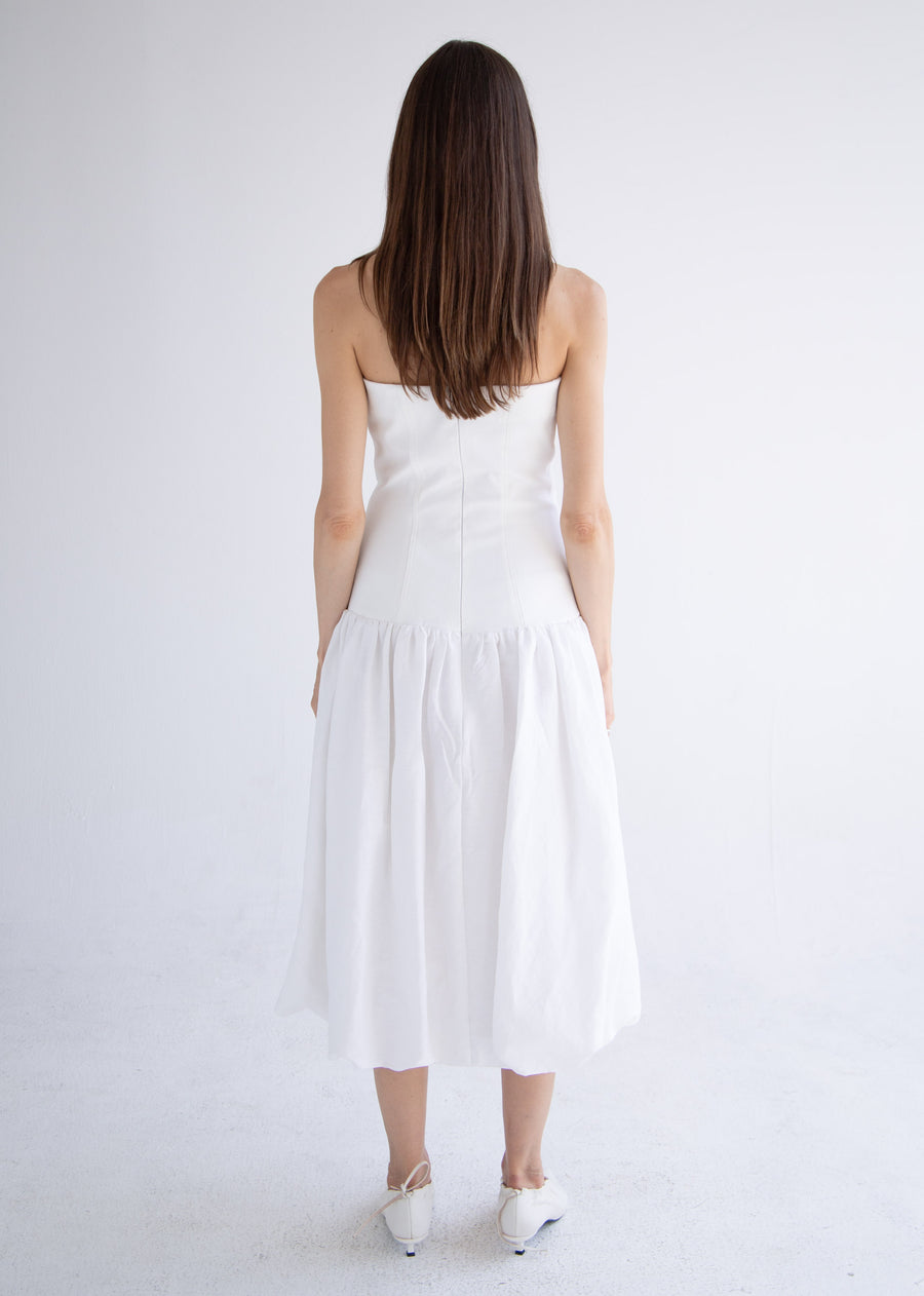 Long Button Detail Bubble Dress in White