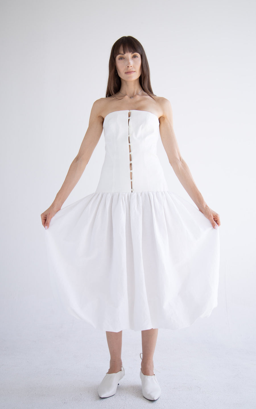 Long Button Detail Bubble Dress in White