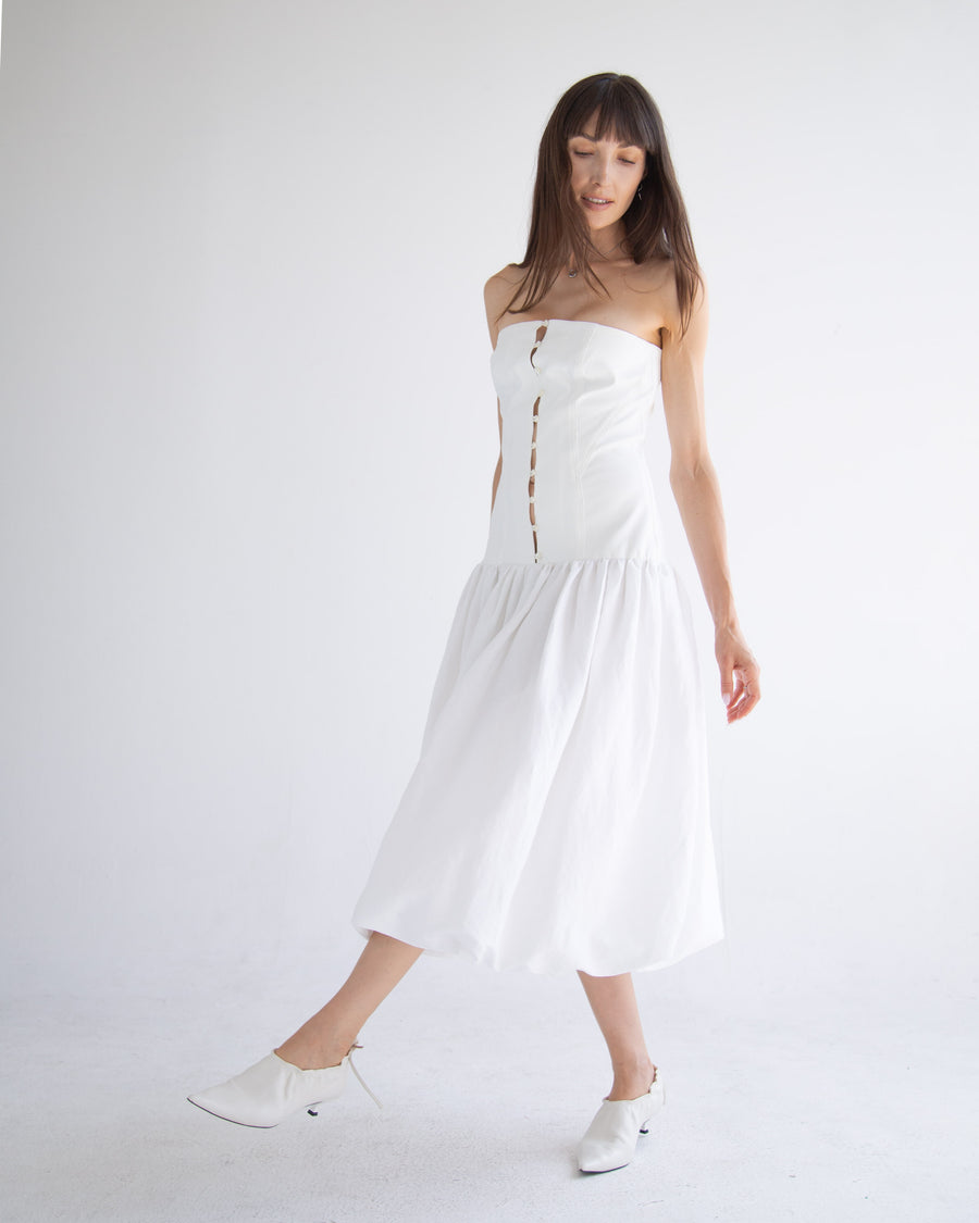 Long Button Detail Bubble Dress in White