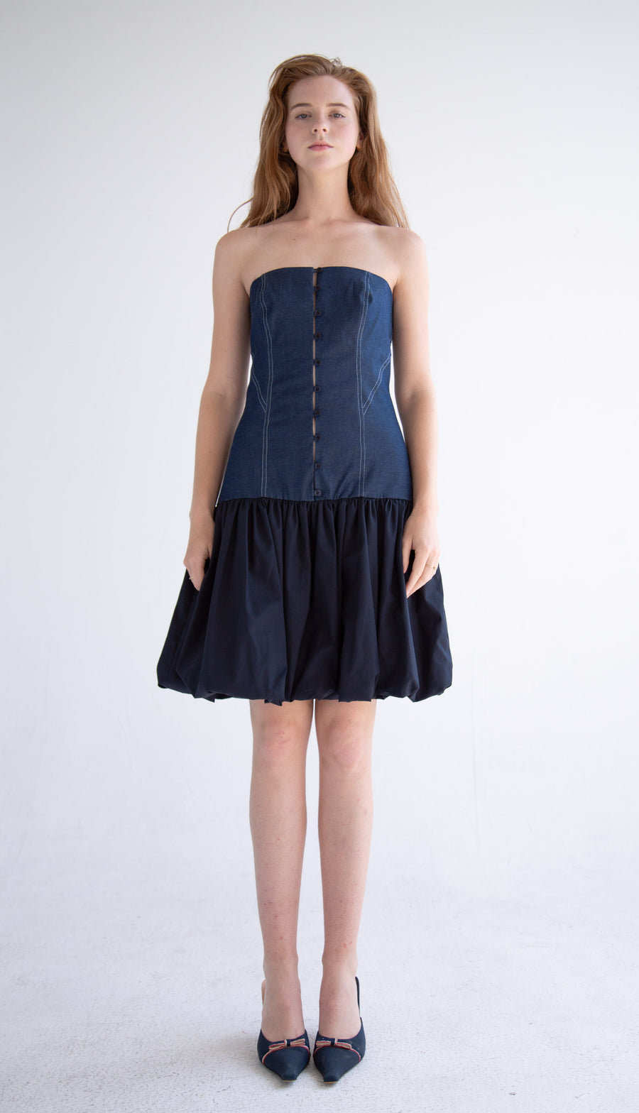 Short Button Detail Bubble Dress in Denim