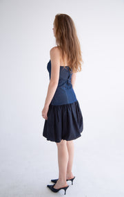 Short Button Detail Bubble Dress in Denim