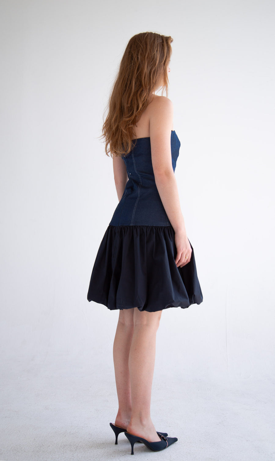 Short Button Detail Bubble Dress in Denim