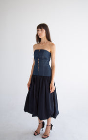 Long Button Detail Bubble Dress in Denim