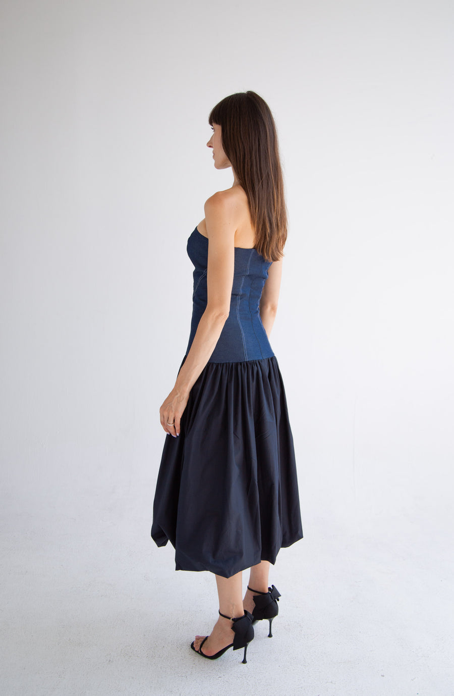 Long Button Detail Bubble Dress in Denim