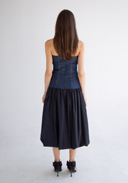 Long Button Detail Bubble Dress in Denim