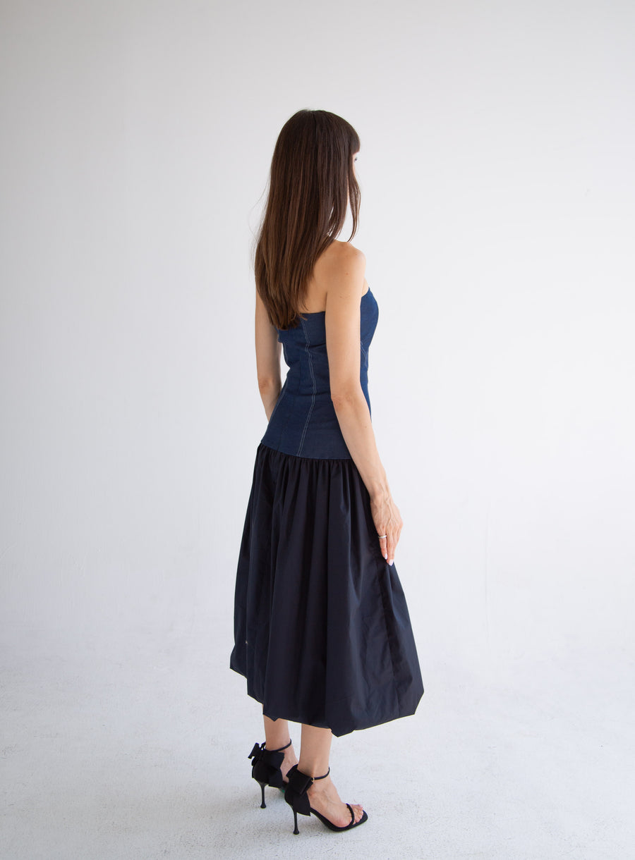 Long Button Detail Bubble Dress in Denim