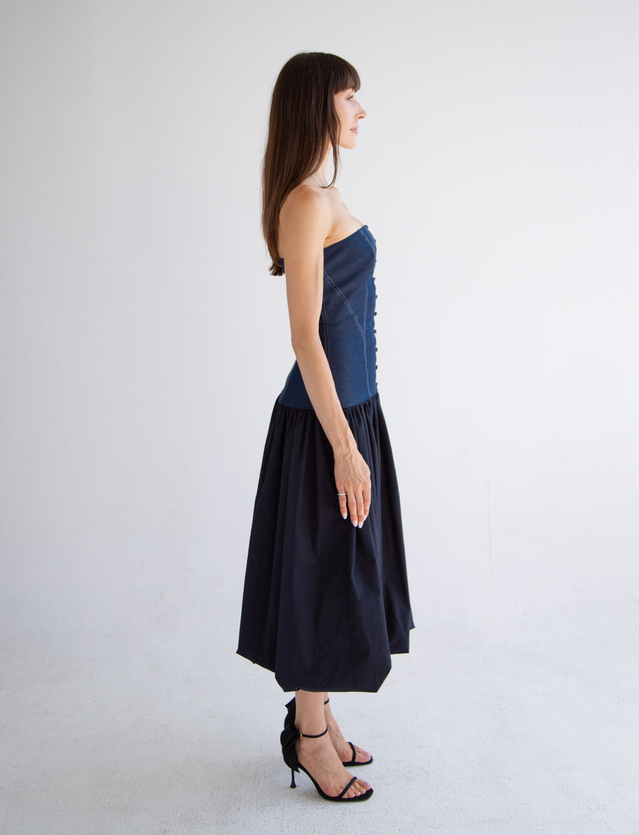 Long Button Detail Bubble Dress in Denim