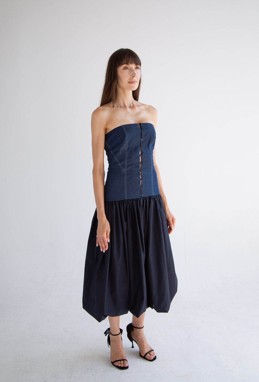 Long Button Detail Bubble Dress in Denim