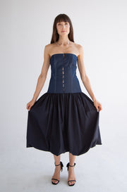 Long Button Detail Bubble Dress in Denim