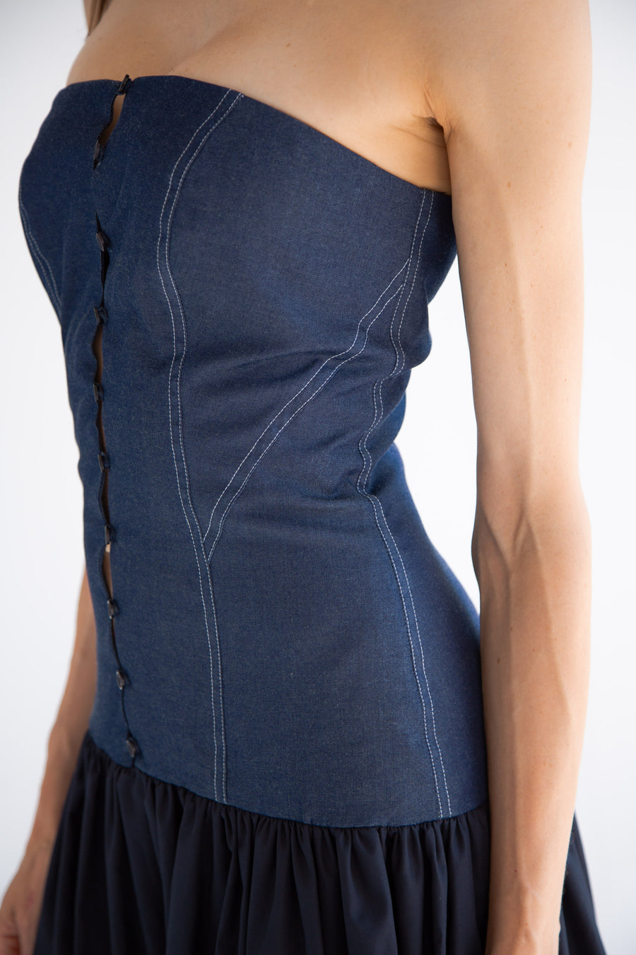 Long Button Detail Bubble Dress in Denim