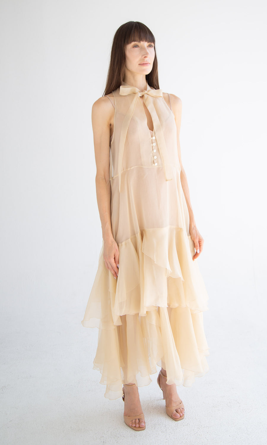 Silk Layered Maxi Dress in Beige